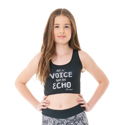 Versatille, soft,stretchy crop top. Be a voice not an echo motivational graphic front, SugarLulu logo back. 
