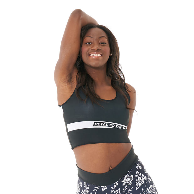 Versatille black & white Petal to the metal graphic logo crop top. Durable & soft, great for dance or downtown