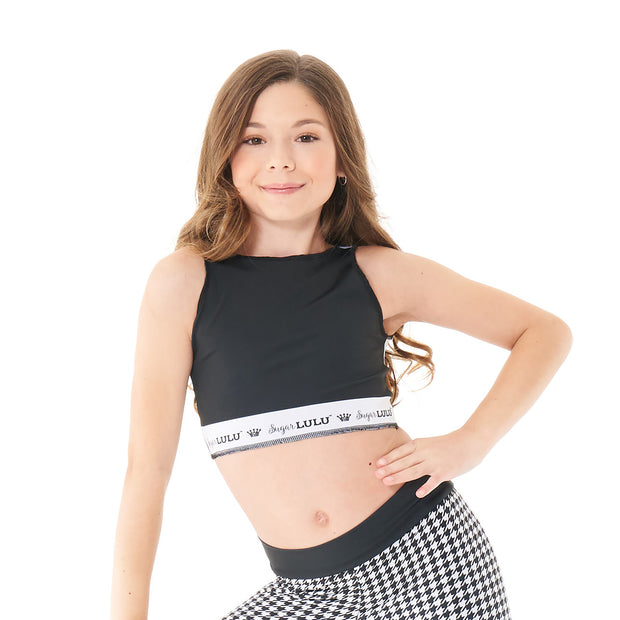 Solid white front and black back with logo band, this crop top goes with everything. Great for any occasion.